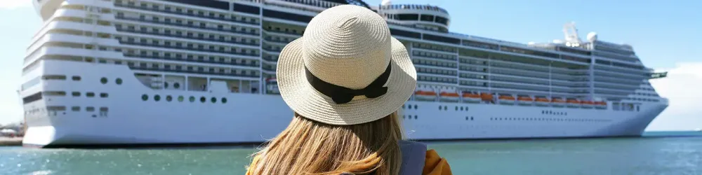 Person, as seen from behind, looking out at a docked cruise ship